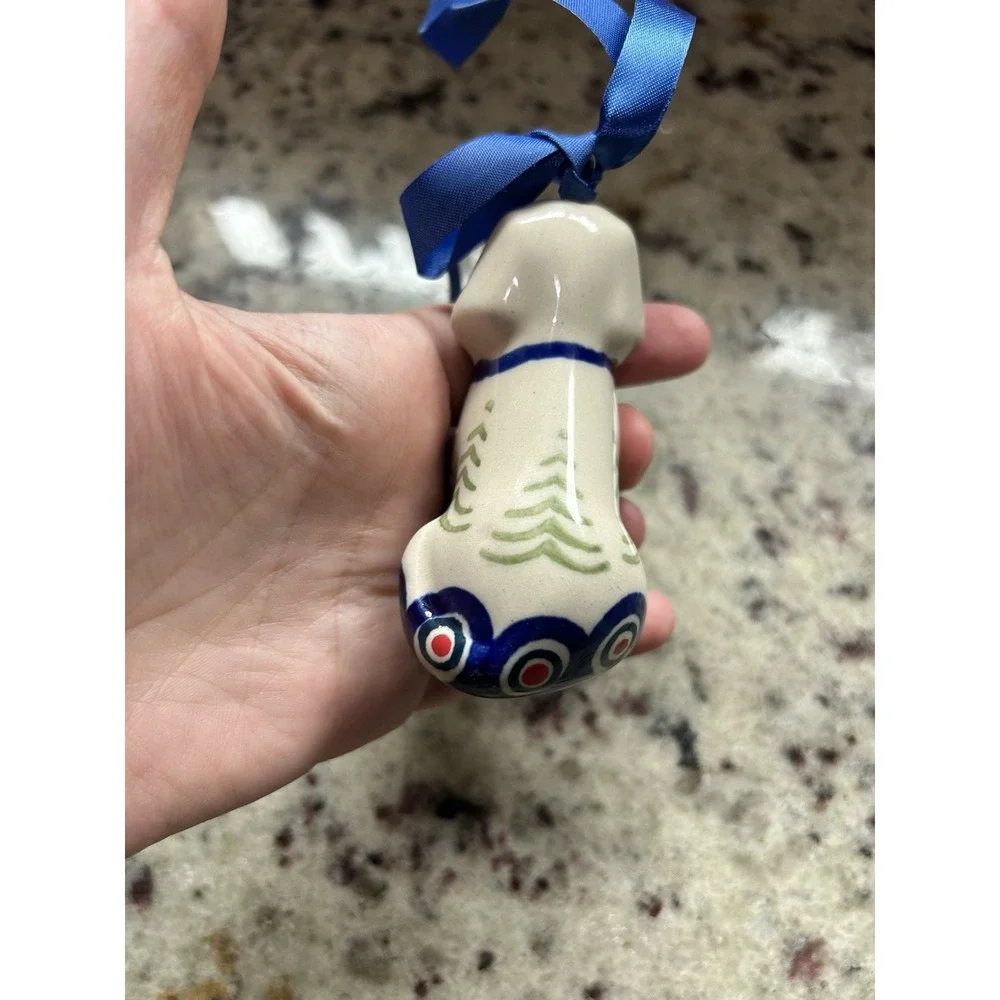Polish Pottery Dog Christmas Tree Ornament Hand Painted Stoneware Poland Unmark